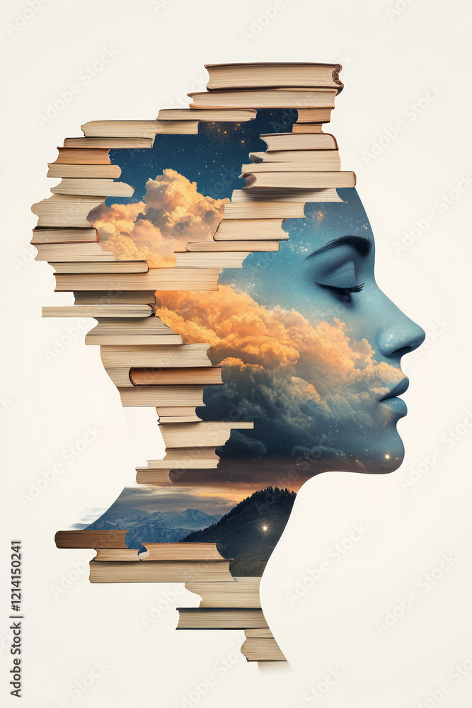 Poster an artistic abstract surreal image of a head made entirely of floating books, with pages transformin