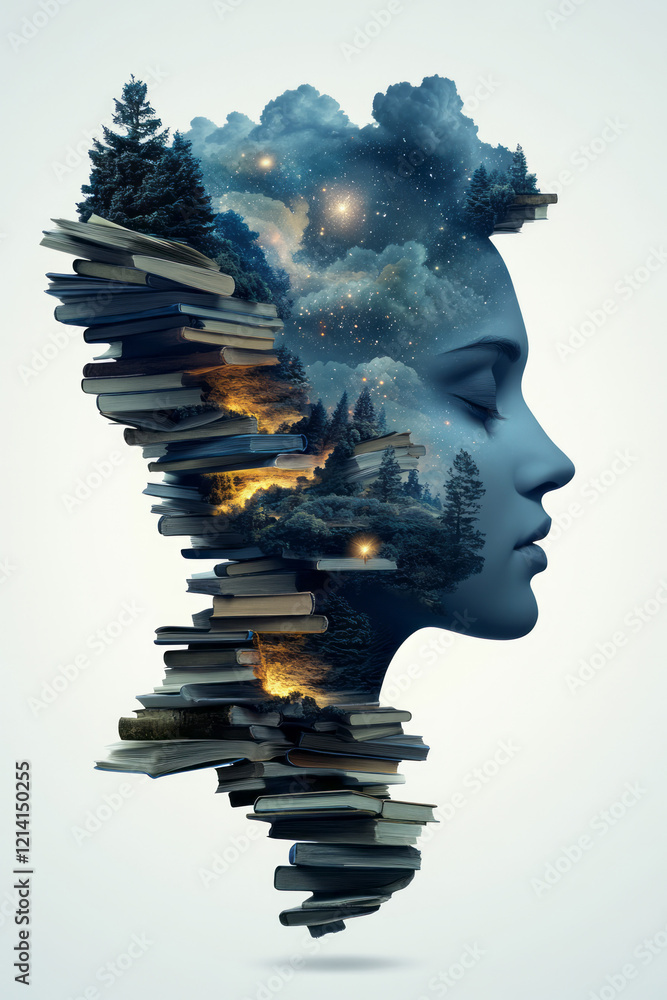 Aufkleber an artistic abstract surreal image of a head made entirely of floating books, with pages transformin