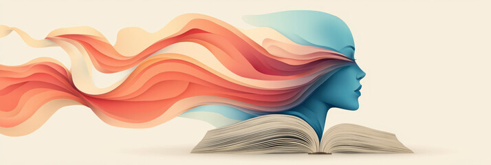A creative illustration of a head emerging from an open book, with pages transforming into abstract shapes and vibrant colors blending into the background,