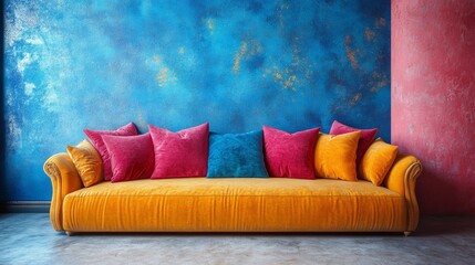 Modern living room with a yellow sofa and pink pillows