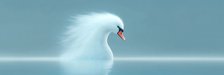 Obraz premium A mesmerizing portrayal of a human head with the graceful neck and plumage of a swan, set against a tranquil lake and misty background,