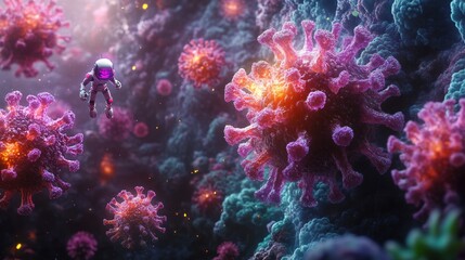 A white robot is fighting against the virus in space, with a purple background 