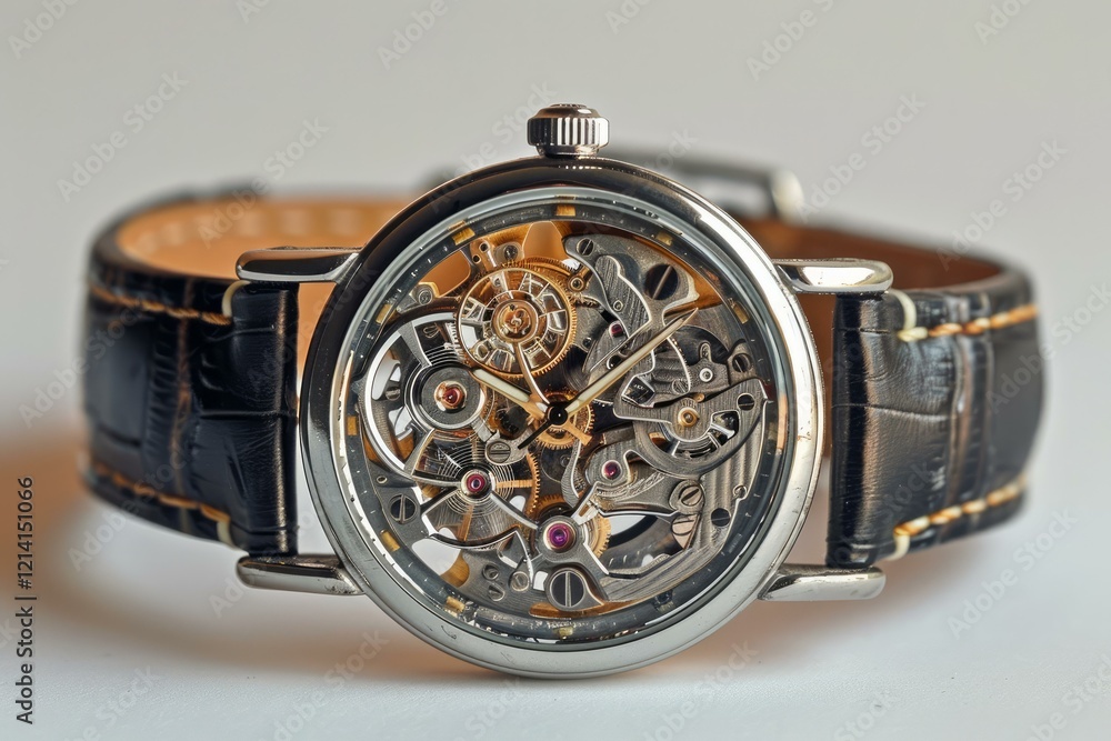 Poster close up view of a skeleton watch, revealing the intricate gears and mechanisms that drive its preci