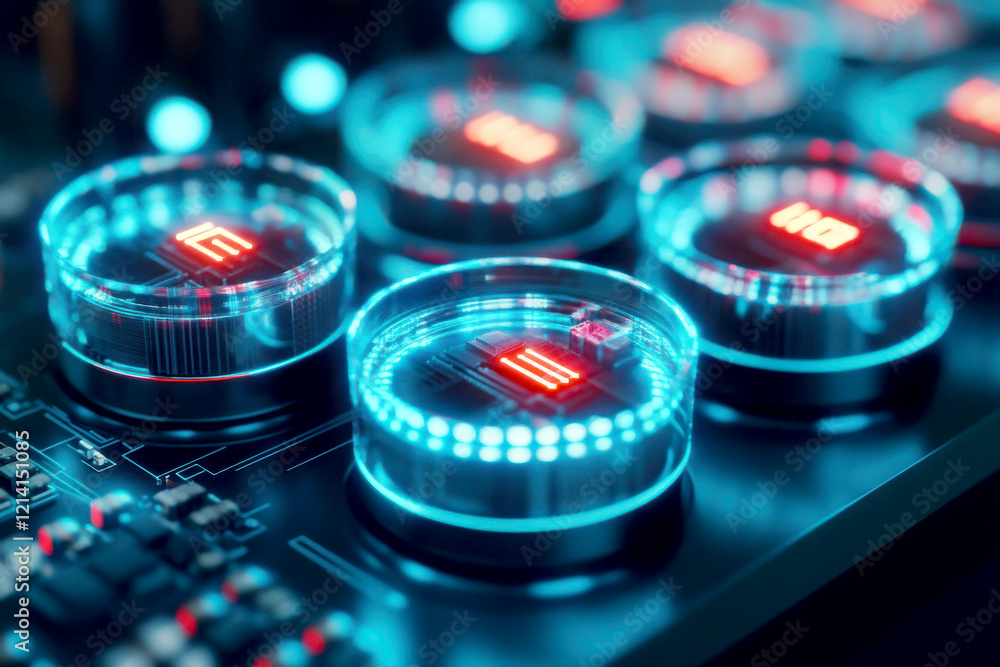 Poster close-up of illuminated control buttons on a futuristic device.