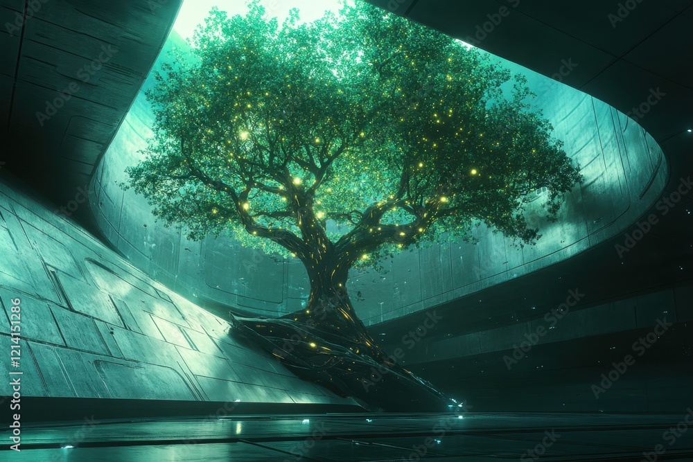 Poster illuminated tree in a futuristic setting with glowing leaves and a serene atmosphere