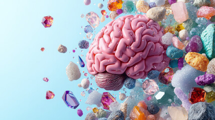 A vibrant illustration of a human brain surrounded by a halo of sparkling minerals and crystals, emphasizing the concept of mental nourishment through natural resources,