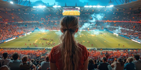 A Woman Watching a Soccer Match in a Packed Stadium