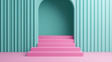 Obraz premium Colorful Modern Archway with Steps Surrounded by Vertical Striped Walls in Soft Pastel Tones
