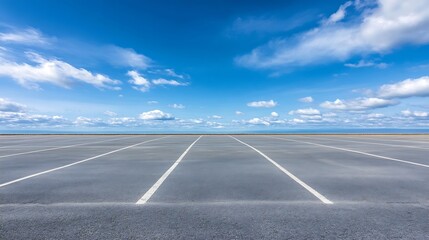 Vast Empty Parking Lot Under Bright Blue Sky with Fluffy White Clouds on a Clear Day : Generative AI