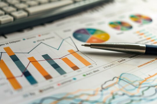 Businessman analyzing financial charts and graphs using modern computer keyboard and pen