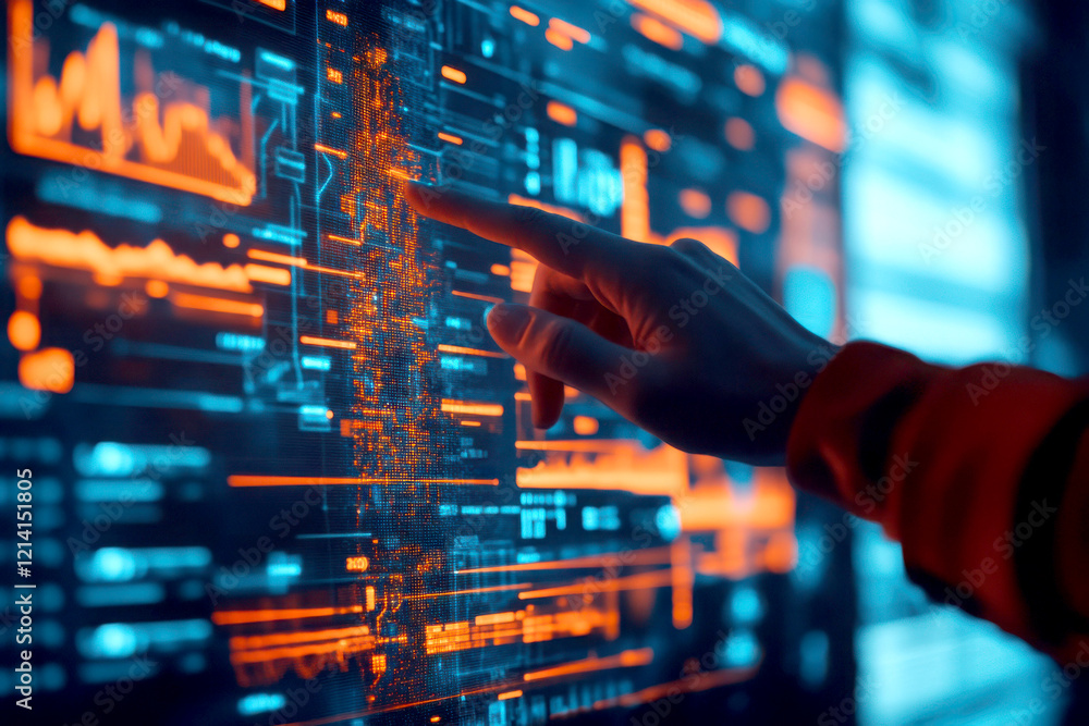 Poster person interacting with a digital data interface display.