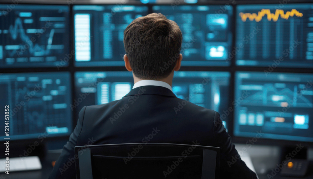 Poster professional analyst monitoring multiple financial data screens.