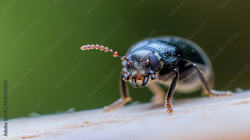 Poster closeup macro shot of metallic green beetle on wooden surface with blurred background : generative a