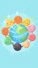 Cartoon Planets Holding Hands Around Earth with a Starry Sky Background