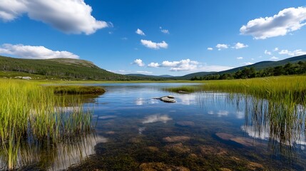 Fototapeta premium Serene Mountain Lake with Clear Blue Sky and Lush Green Grasses Reflected on Still Water Surface : Generative AI