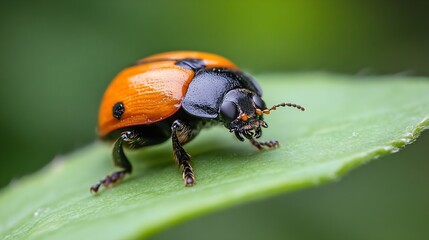 Fototapeta premium Bright Orange and Black Beetle Resting on Leaf Illustrating Vibrant Arthropod Colors and Natural Harmony : Generative AI