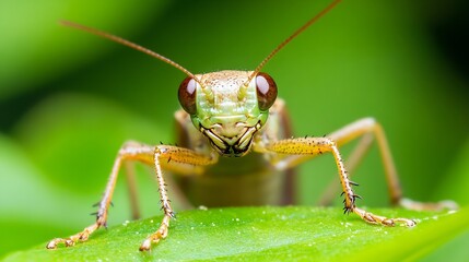 Fototapeta premium Vibrant Green Grasshopper with Red Eyes on Leaf in Lush Environment : Generative AI