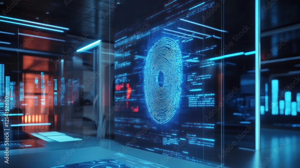 Poster futuristic data visualization displayed on a large screen in a modern office, showing network activi