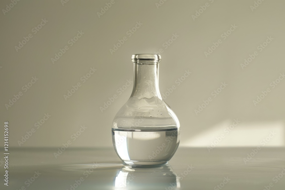 Poster round bottom flask containing clear liquid reflecting on a surface