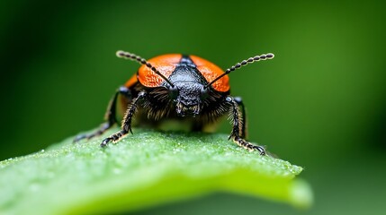 Macro Shot of a Beetle Staring Directly on Leaf in a Natural Green Habitat : Generative AI