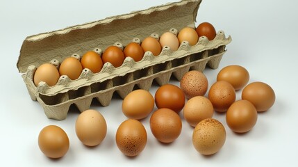 Assorted Brown Eggs in Carton on White Background
