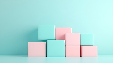 Obraz premium Colorful pastel building blocks arranged in a playful composition against a soft aqua background
