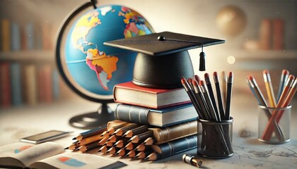 Black Graduation Hat on Pencils with Globe and Textbooks