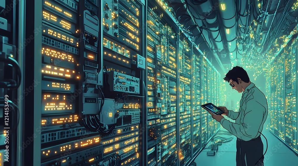 Poster technician monitoring server room network data