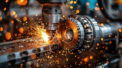 Close-up of Metalworking Process with Sparks and Machinery Action