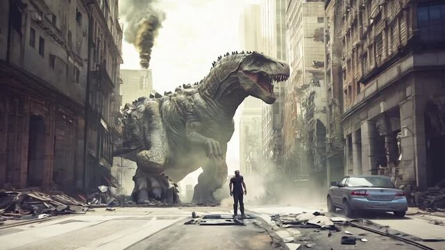 Dinosaur monster destroying a city