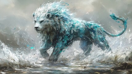 Obraz premium Majestic Ethereal Lion Roaming Through Misty Ocean Waves