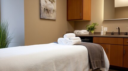Cozy Spa Treatment Room with Luxurious Towels and Relaxing Atmosphere for Wellbeing : Generative AI