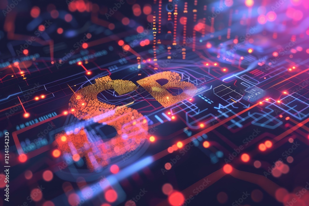Poster abstract image representing the concept of digital currency with a dollar sign made of particles