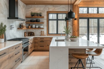 Fototapeta premium Modern kitchen design rustic cabin interior photography cozy environment natural light minimalist concept