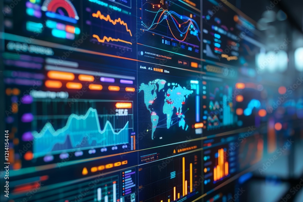 Poster big data screen showing global map and various infographics displaying charts, graphs, statistics bi