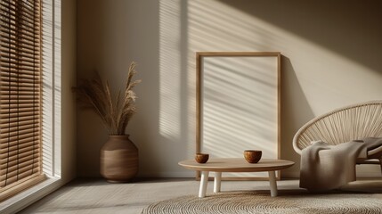 Cozy minimalist living room with natural elements and soft sunlight