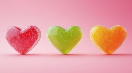 Fototapeta premium heart-shaped red candies bonbons with empty space for text, pink background for Valentines Day