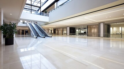 Modern Shopping Mall Interior with Escalators and Large Open Space Ideal for Commercial Usage : Generative AI