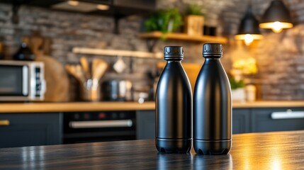 Elegant black water bottles on kitchen counter in modern design