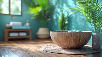 Rustic kitchen scene with wooden bowls and plants