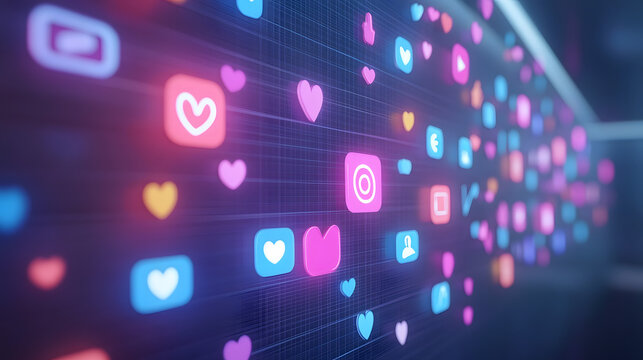 A glowing social media post surrounded by like, comment, and share icons, representing viral content, background - Powered by Adobe