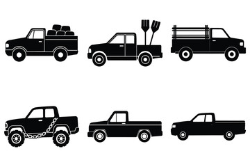Pickup truck silhouette vector set on white isolated background