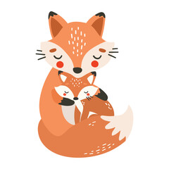 Fox mom and baby, cartoon style, mothers day illustration, cute animal