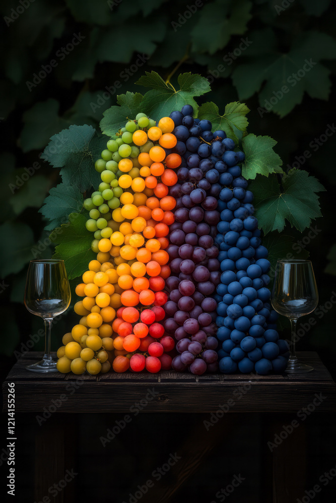 Poster a creative flat lay image featuring an assortment of colorful grapes arranged aesthetically on a rus