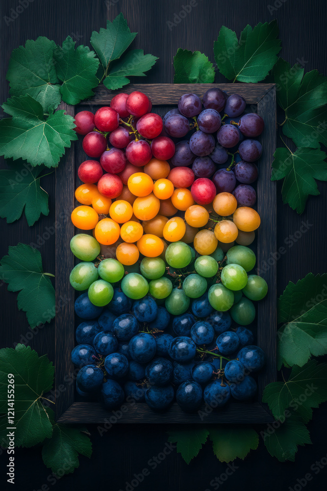 Aufkleber a creative flat lay image featuring an assortment of colorful grapes arranged aesthetically on a rus
