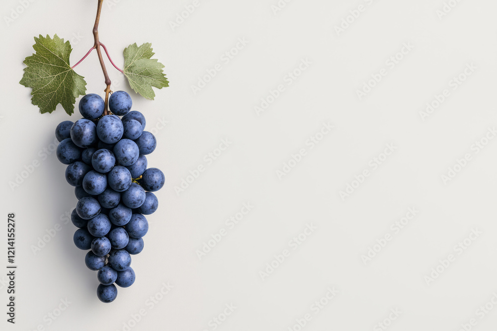 Poster a minimalist photograph of a single grape hanging from a thin vine against a stark white background,
