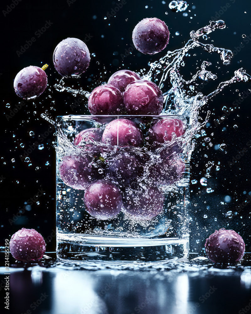 Poster A dynamic image of grapes being poured into a glass, with motion blur capturing the flow and emphasizing the freshness of the fruit,