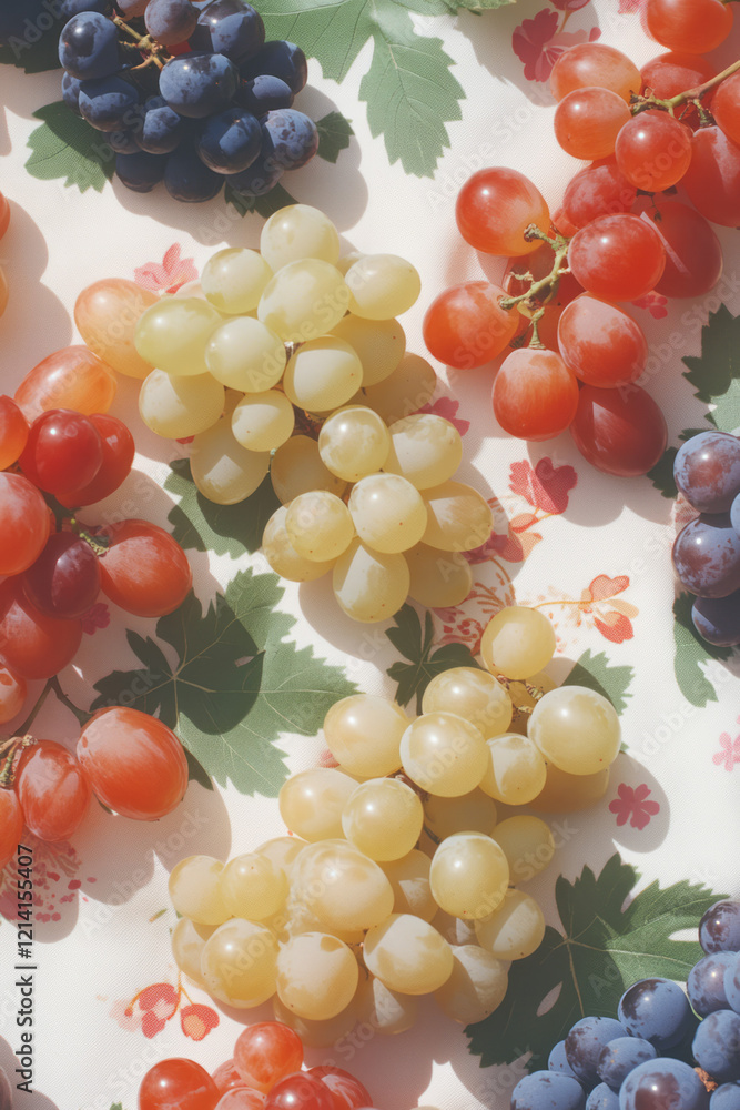 Aufkleber A colorful overhead shot of assorted grapes scattered on a patterned fabric, creating a visually appealing and harmonious composition,