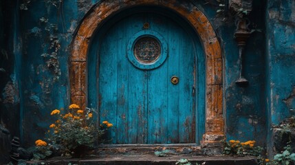 Rustic blue door with floral details