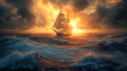 Sailing ship amidst dramatic ocean waves